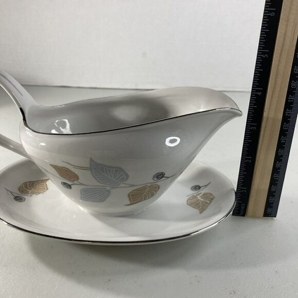 Bavaria Germany Fine China Mid-Century Blue Brown Leaf Gravy Boat Silver Edging - Picture 9 of 12